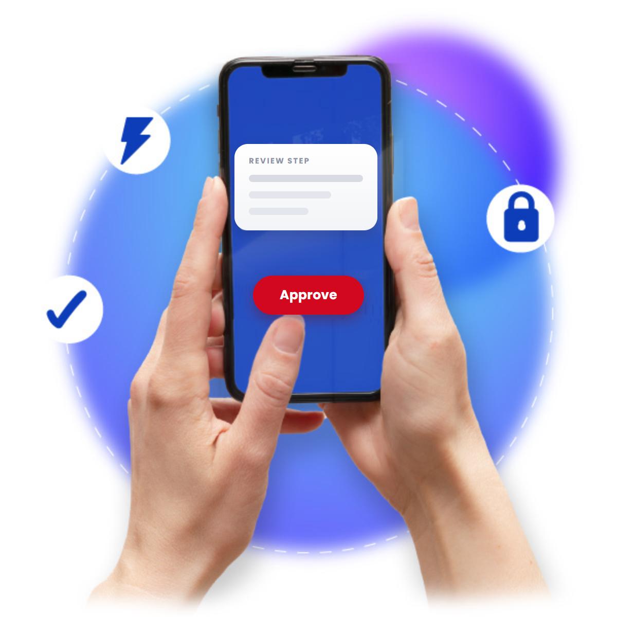 Two hands holding a phone that shows a review step waiting to be approved